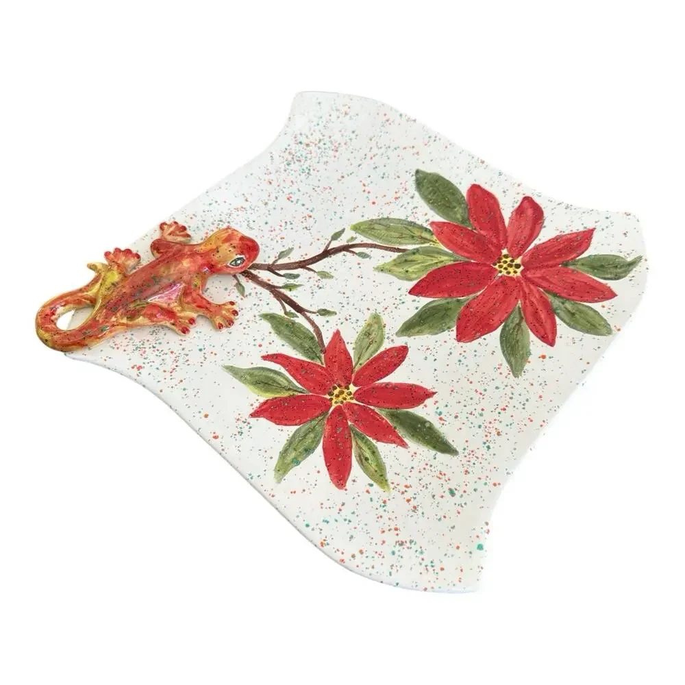 Vintage Handmade Serving Plate Poinsettia And 3D Lizard Design Speckled Signed